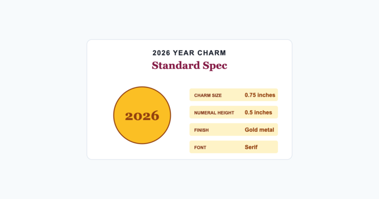 Standard 2026 tassel year charm size finish and font specifications