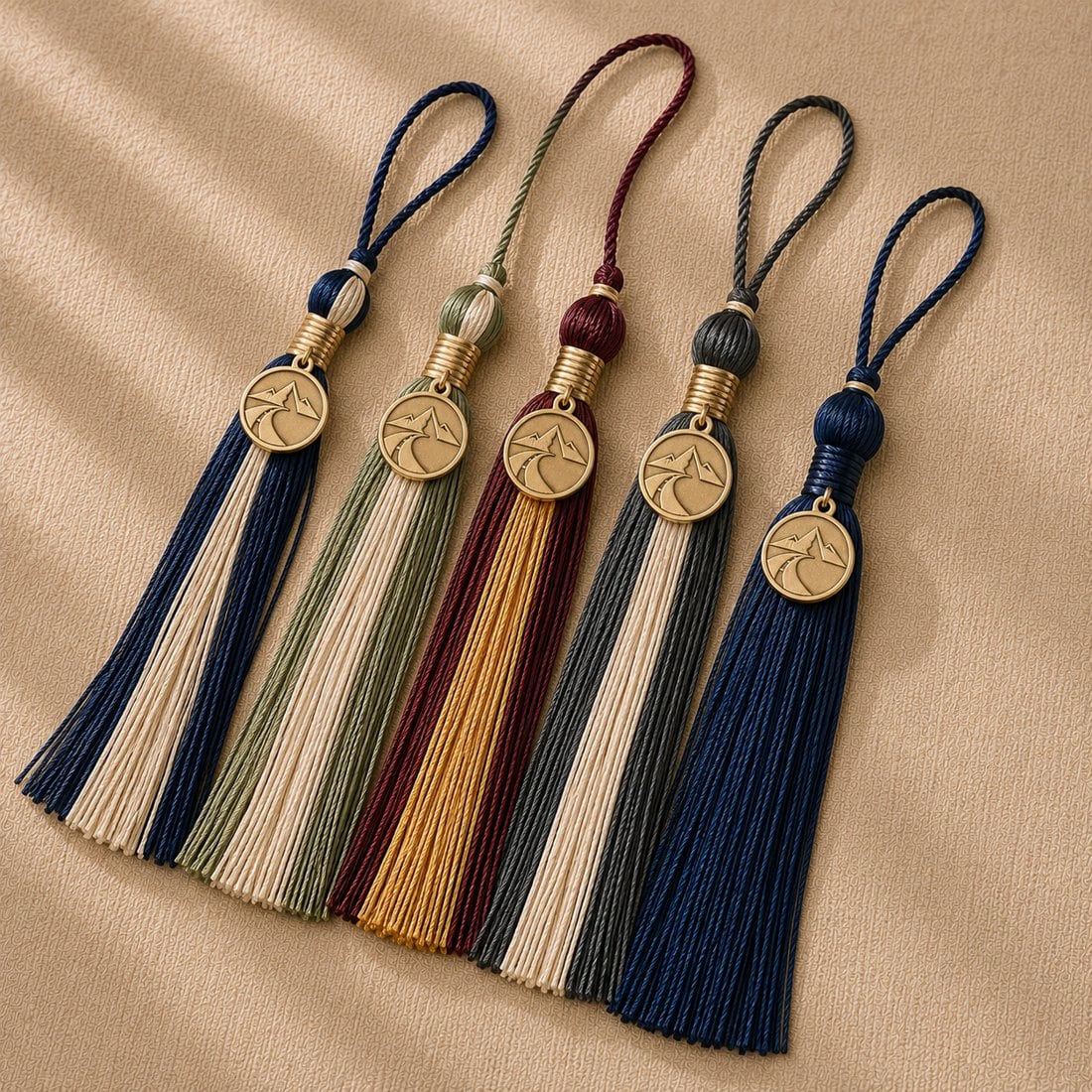 Five-color tassel flat-lay with gold signet charms
