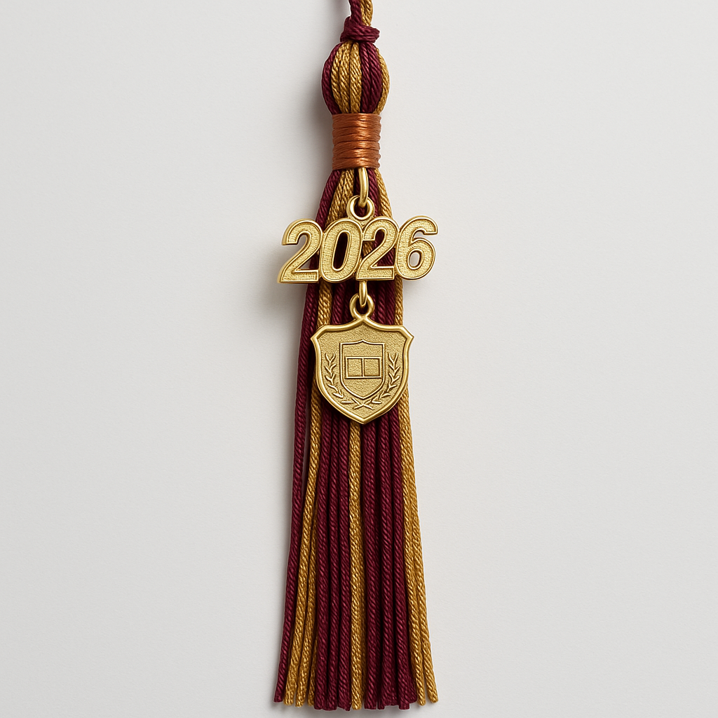 Custom two-tone graduation tassel in school colors with a year signet charm