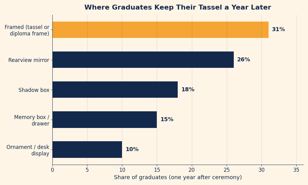 Horizontal bar chart showing where graduates display their tassel one year after graduation with framed displays and rearview mirrors leading