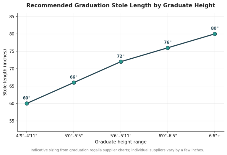 Line chart of recommended graduation stole length in inches by graduate height range, rising from 60 inches to 80 inches